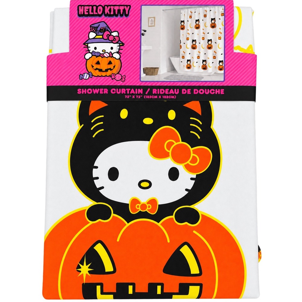 Hello Kitty Halloween Shower Curtain Cotton Pumpkin Black Cat Sanrio 72x72 NEW